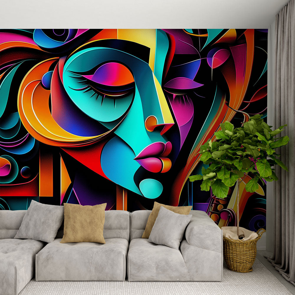 Abstract jazz portrait wallpaper creates striking focal point in modern living room with grey furniture