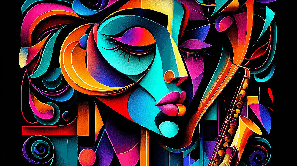 Abstract jazz portrait design file showing vibrant color palette and artistic composition