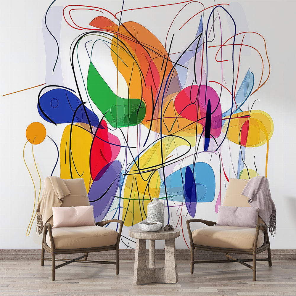 Abstract line art wallpaper creating a bold focal point in a modern living room with white furniture and natural light