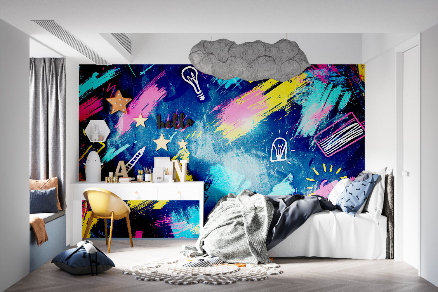 Abstract light bulb wallpaper creating atmosphere in a modern dining room