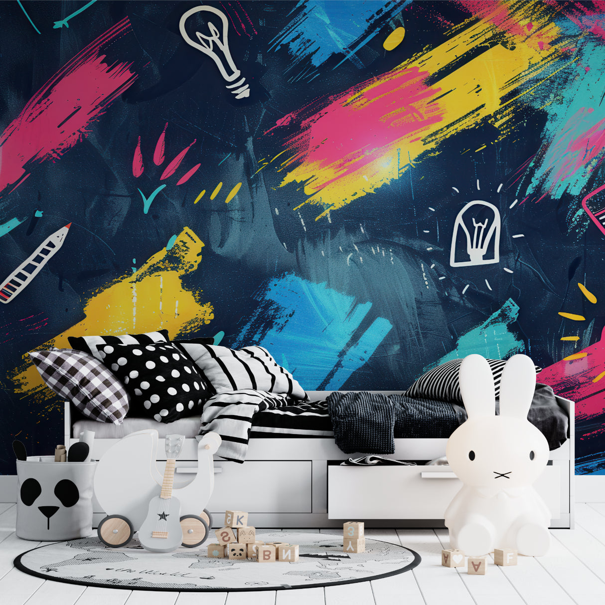 Street art inspired mural bringing color to an urban loft space