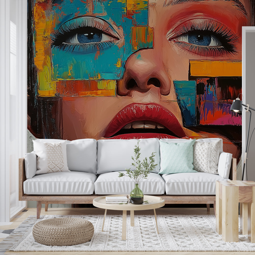 Abstract Face Portrait Wallpaper creating a stunning focal point in a modern minimalist living room with white furniture
