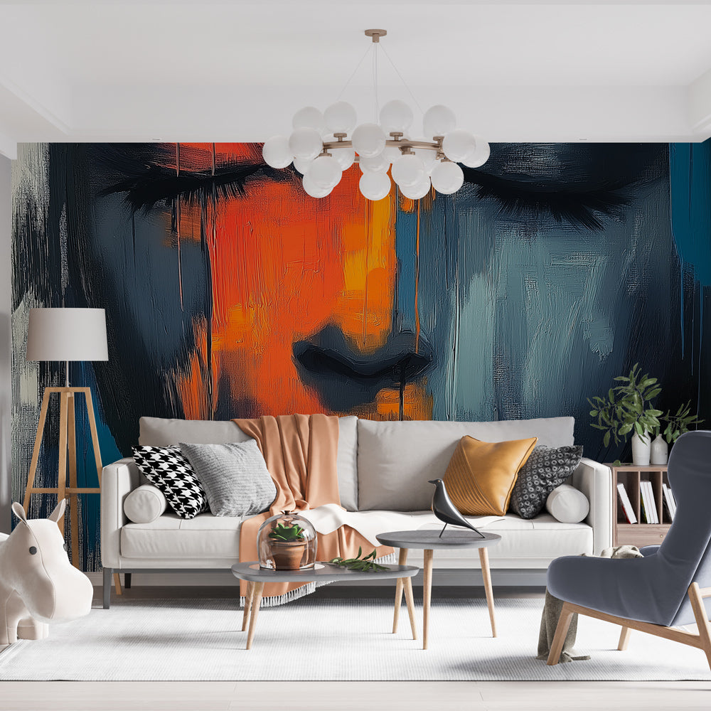 Abstract portrait mural wallpaper creating dramatic impact in modern living room with orange and blue color scheme