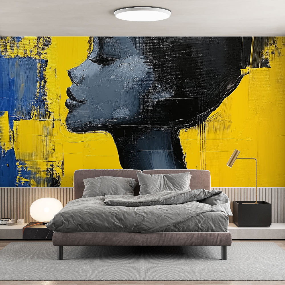 Abstract portrait wallpaper bringing modern art style to a minimalist living room with yellow and blue color accents