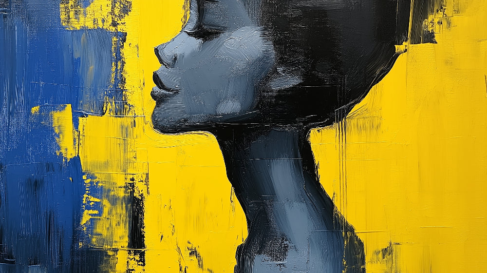 Abstract portrait design file showing detailed yellow and blue artistic pattern