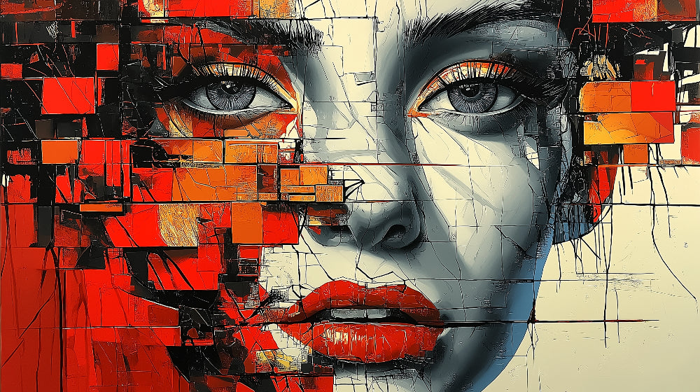 Contemporary portrait wall mural design file with red geometric art pattern