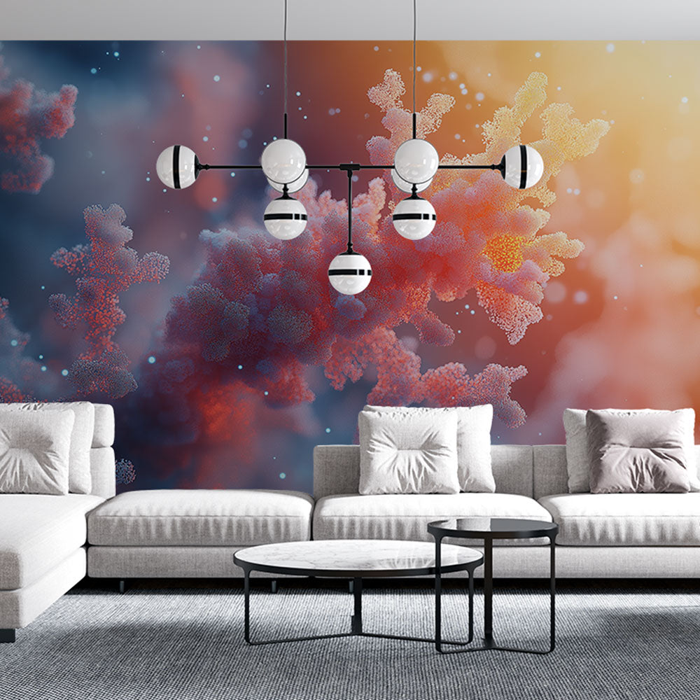 Abstract coral cloud wallpaper creating a soft, dreamy atmosphere in a modern living room with minimal furniture