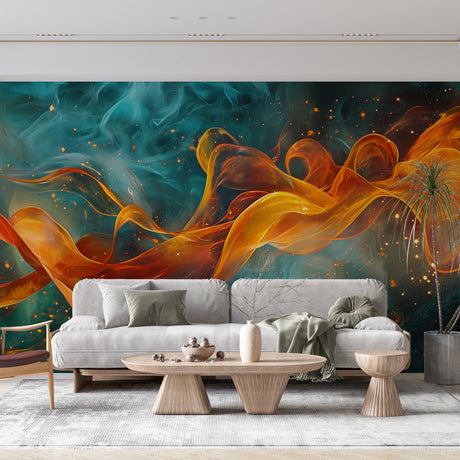 Abstract fire and turquoise wall mural creating a stunning focal point in a modern minimalist living room