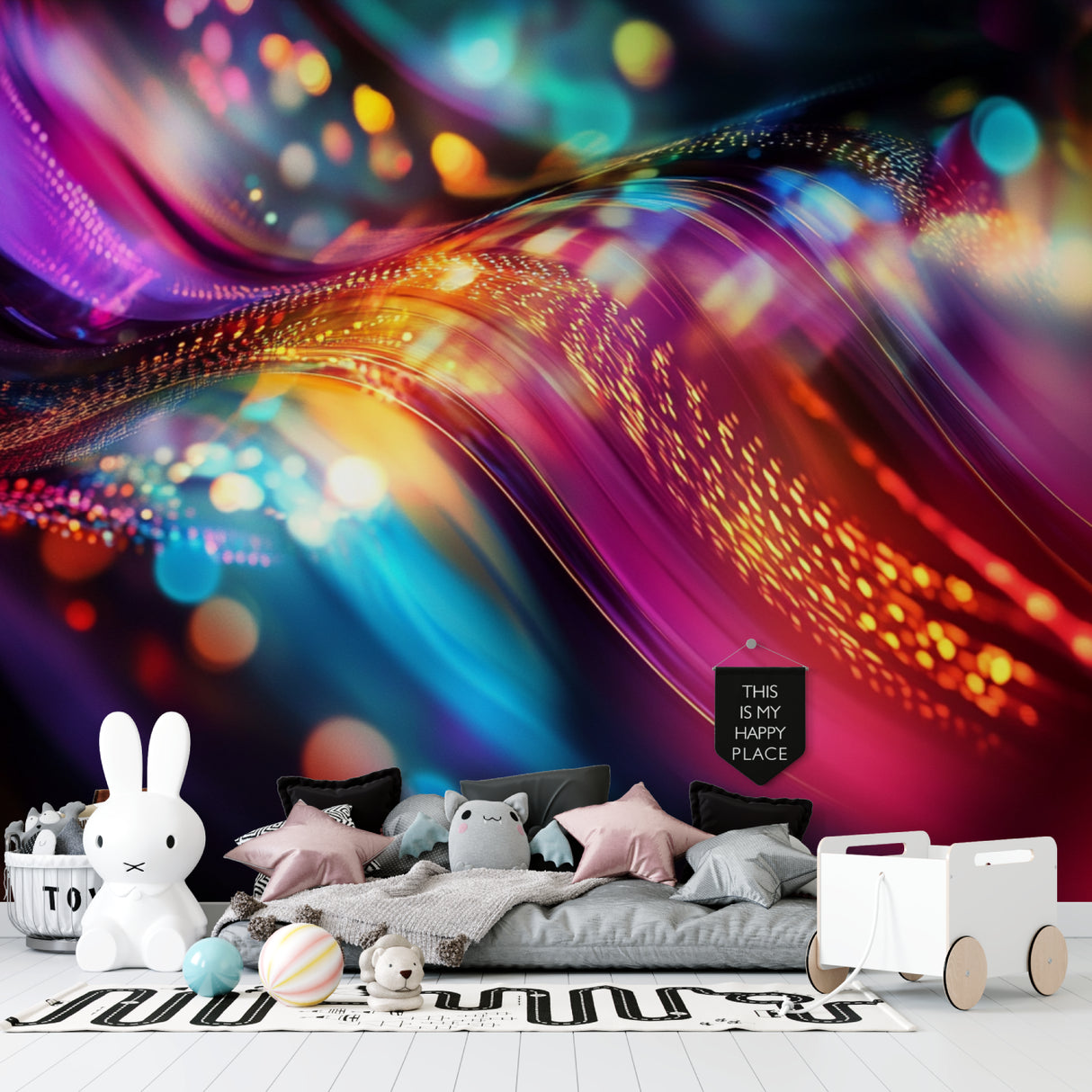 Abstract wave wallpaper creating movement in modern living room with grey sofa and natural light