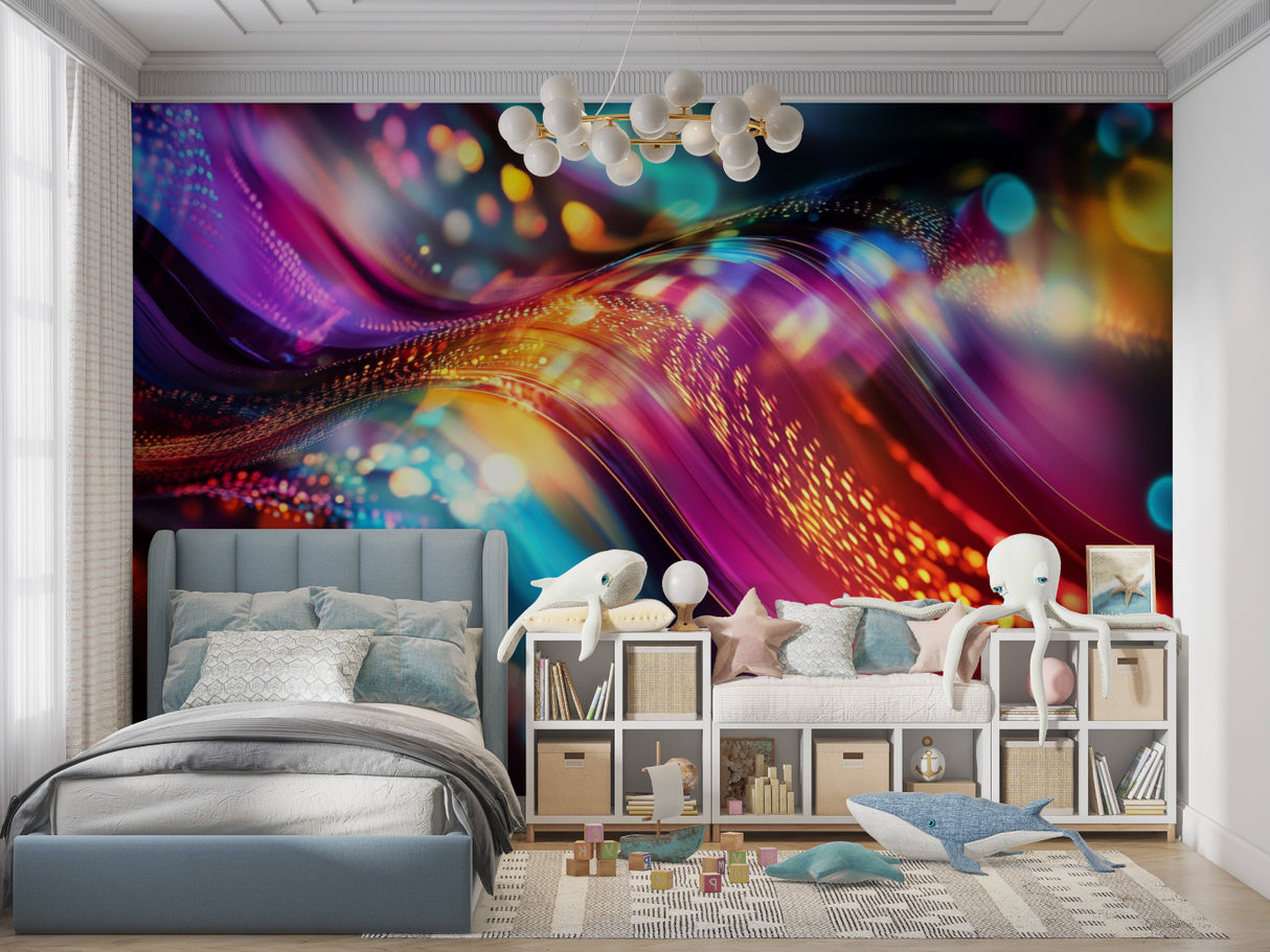 Cosmic wave mural in minimalist bedroom showing purple and gold color play