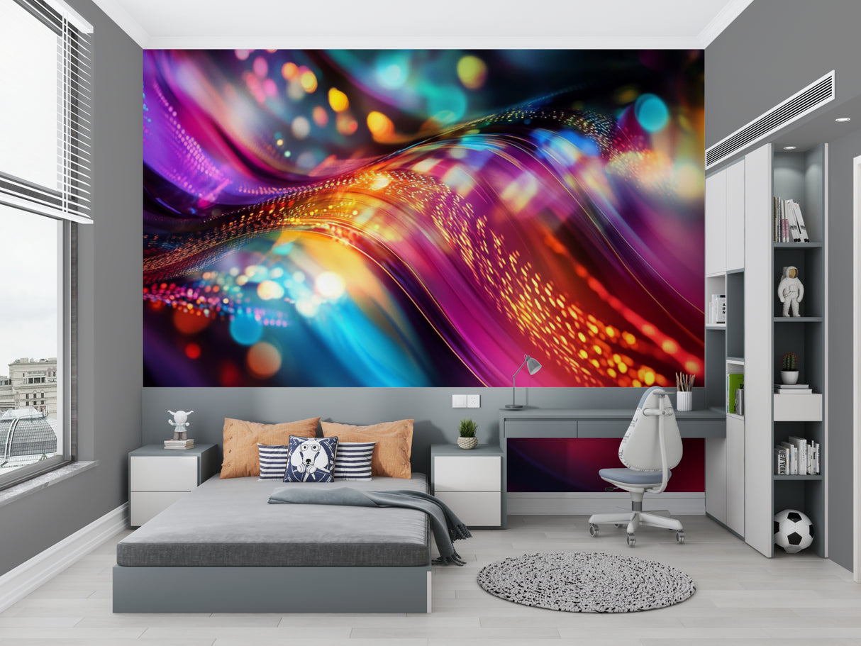 Abstract wall mural bringing life to home office with desk and plants