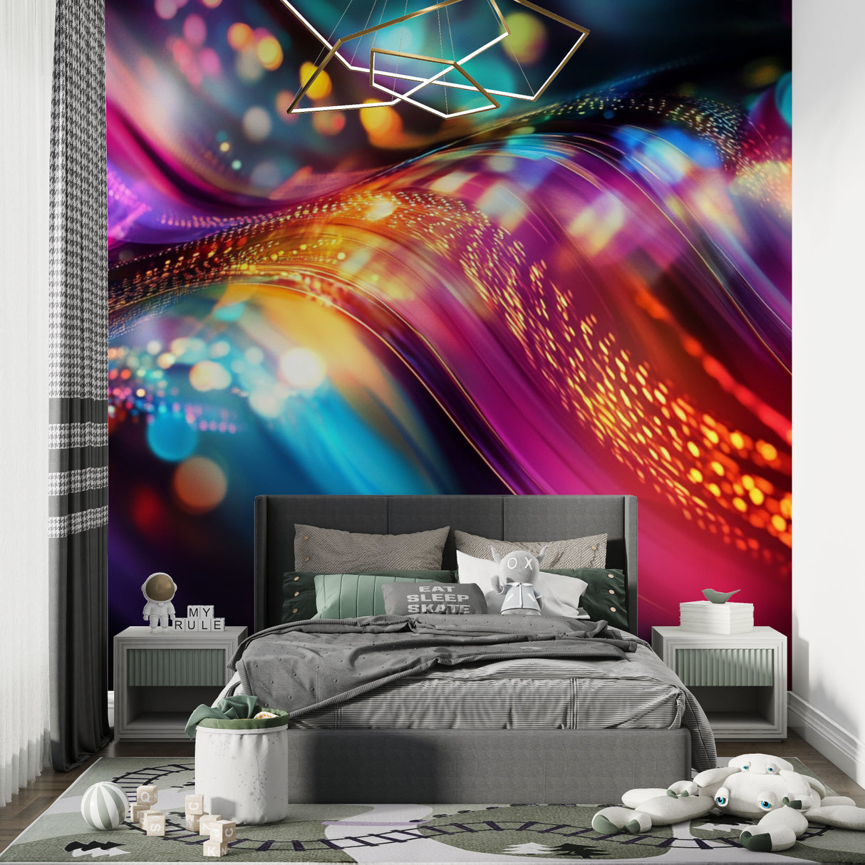 Modern abstract wallpaper in dining room showing evening light effects