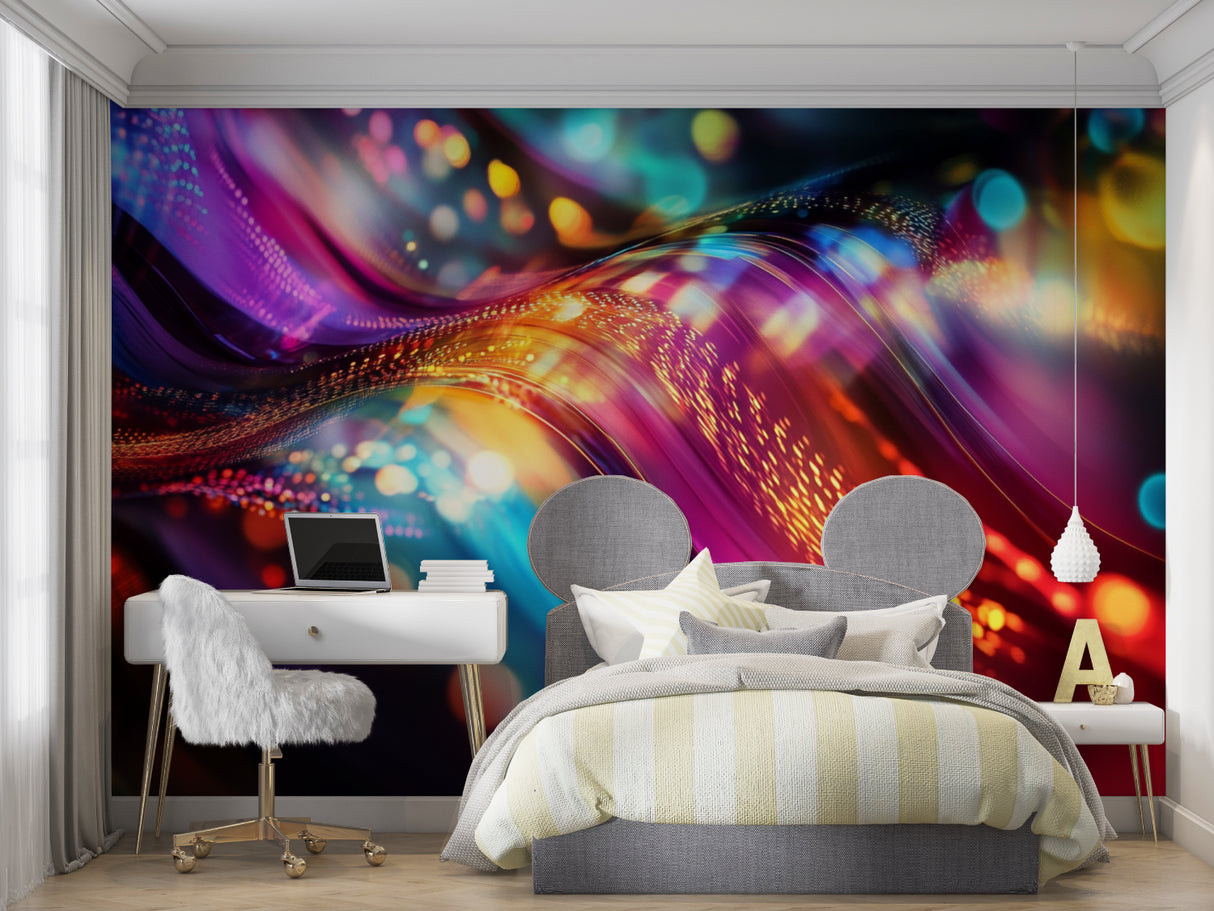 Wave pattern mural creating depth in contemporary hallway space