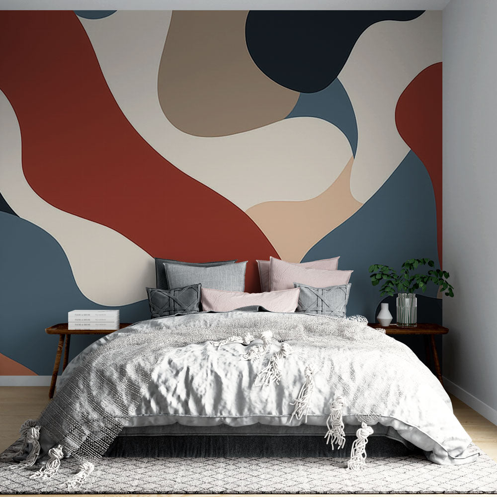 Abstract terracotta wallpaper creating a warm, inviting atmosphere in a modern living room with curved organic patterns