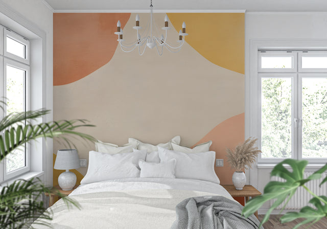 Abstract curved wallpaper in modern living room, terracotta and yellow tones creating warm atmosphere