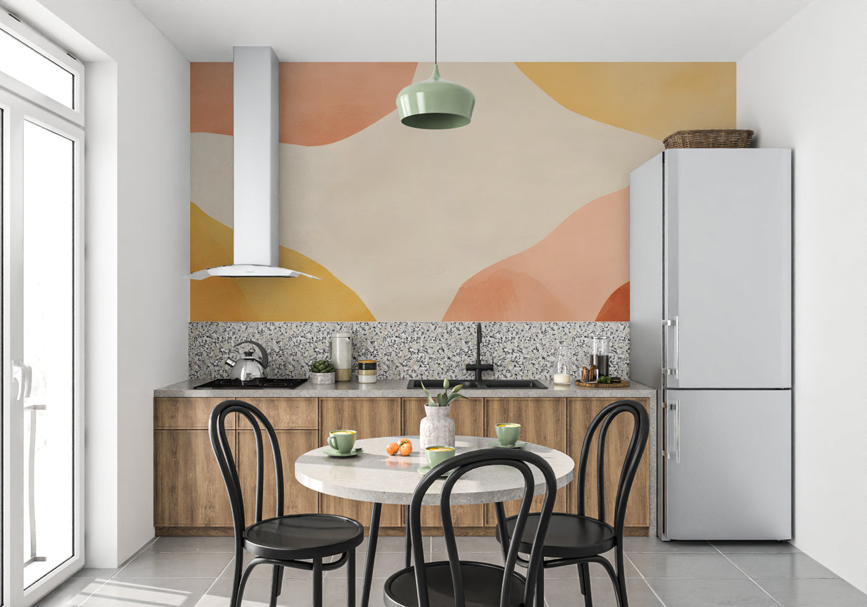 Terracotta abstract wall mural in minimalist bedroom setting with natural light