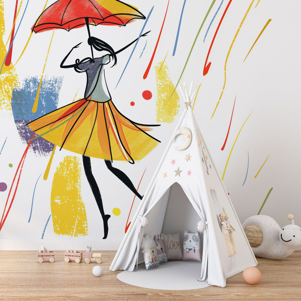 Abstract dancing figure wall mural bringing life to a modern living room with its colorful rain design