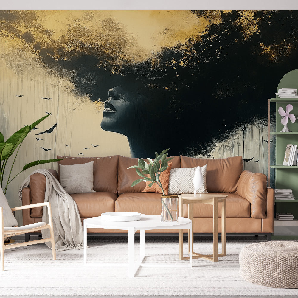 Abstract black and gold wallpaper creating dramatic impact in a modern living room with minimal furniture