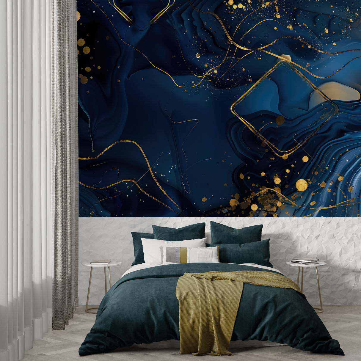 Blue and gold abstract luxury wallpaper creating a stunning focal point in a modern living room setting
