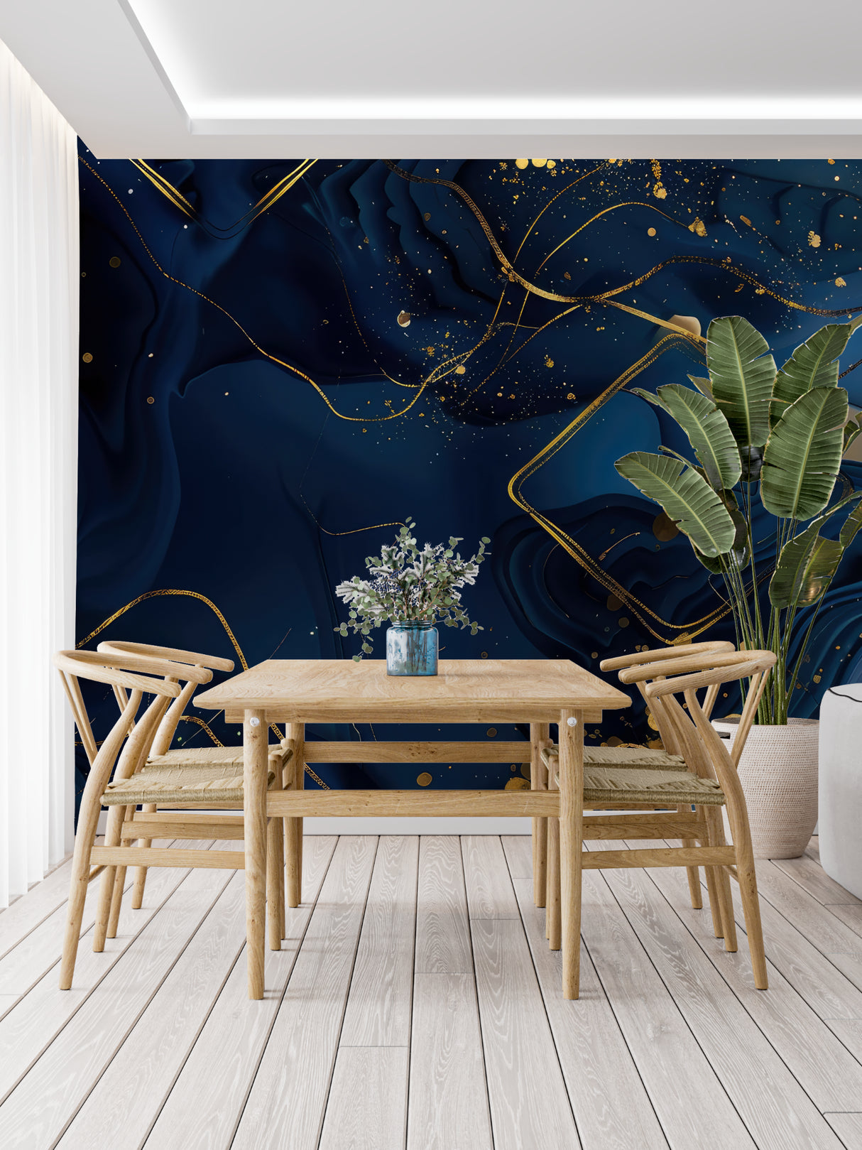 Abstract blue and gold wall mural adding elegance to a master bedroom with mood lighting