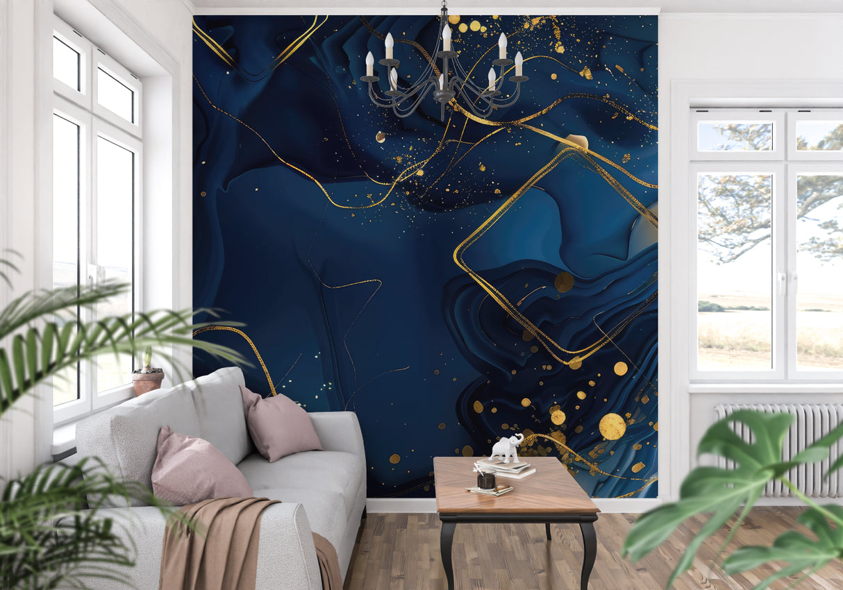 Luxury abstract wallpaper with deep blue and metallic gold details in a dining room space