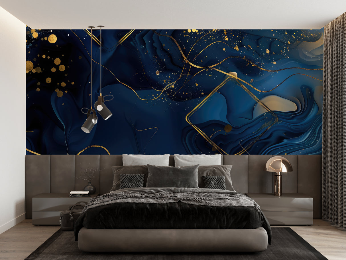Modern home office featuring blue and gold abstract wall mural with natural lighting