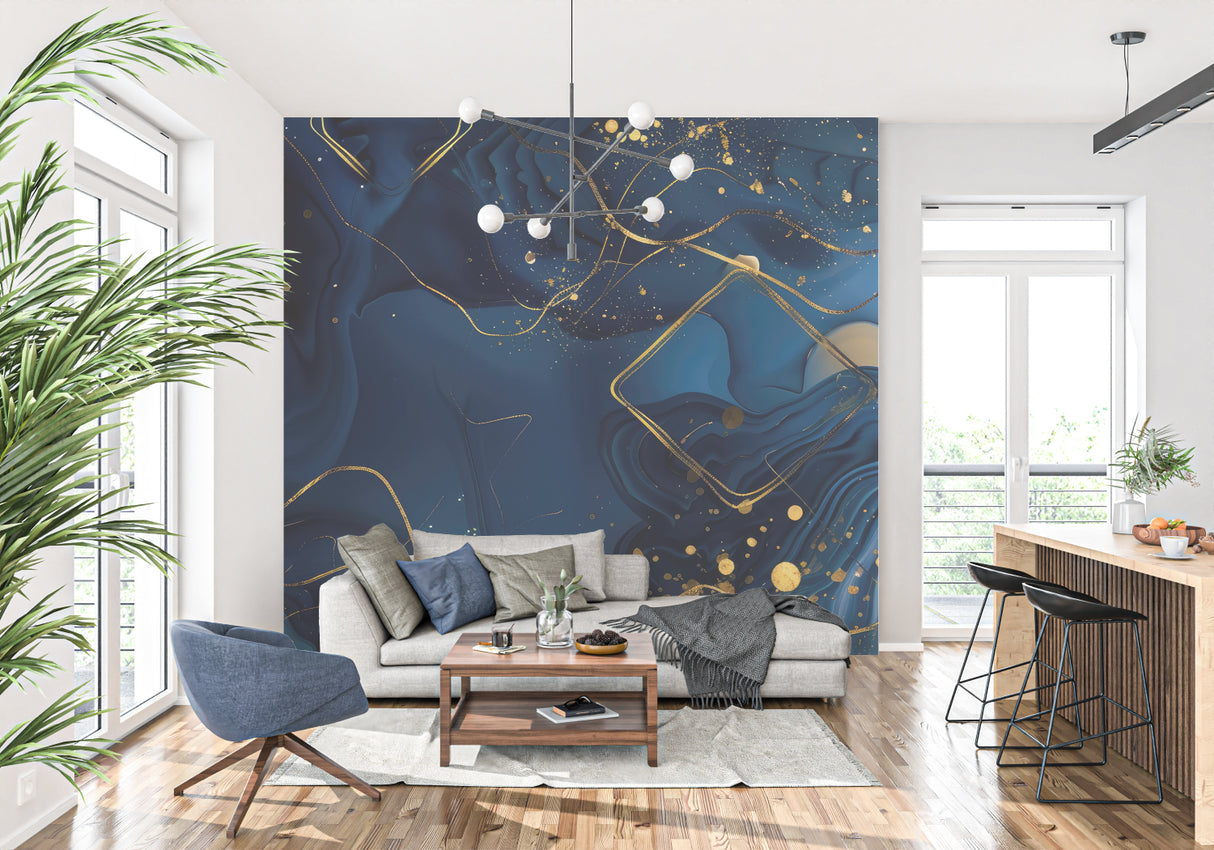 Abstract luxury wallpaper installation in a hotel lobby showing scale and impact