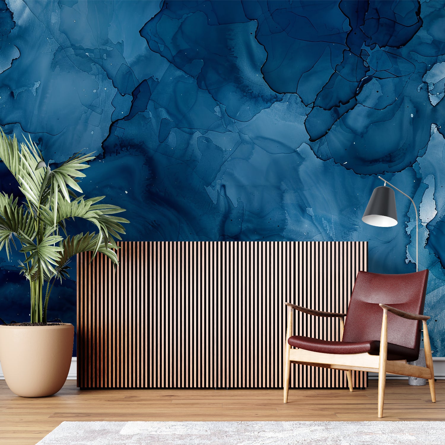 Abstract blue wall mural in minimalist office space creating calm working environment