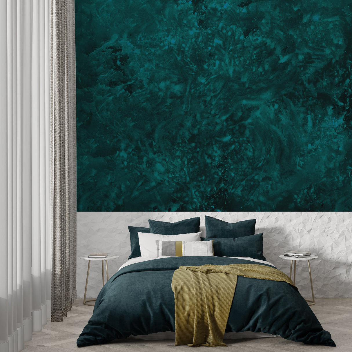 Abstract green marble wall mural in minimalist dining room with wooden table