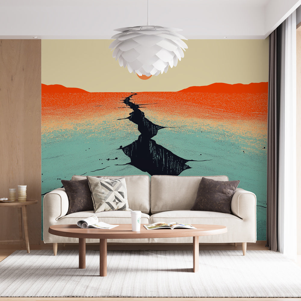 Abstract desert landscape wallpaper creating depth in a modern living room with orange and turquoise tones