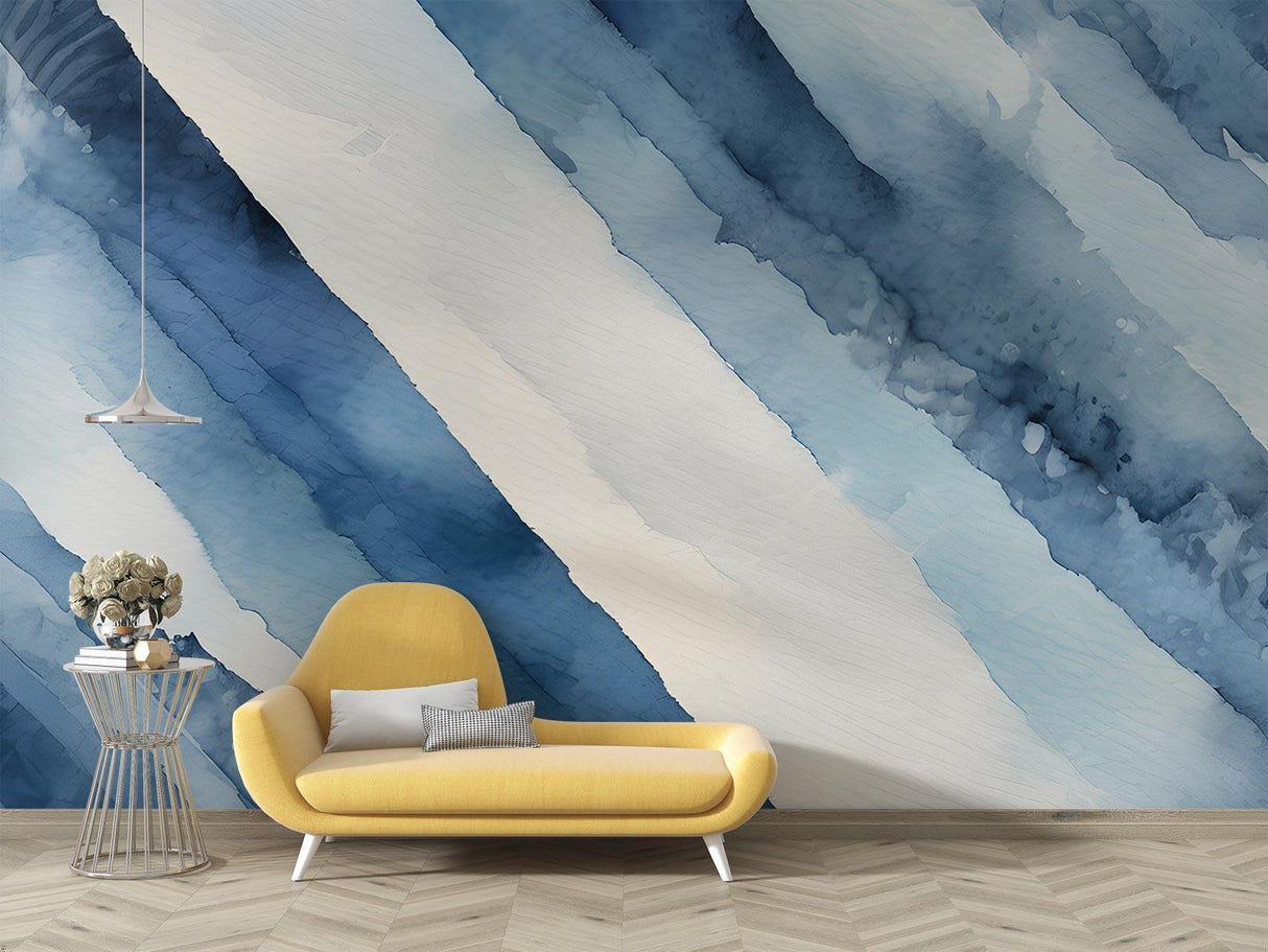 Blue watercolor abstract wall mural in minimalist home office with desk and modern furniture
