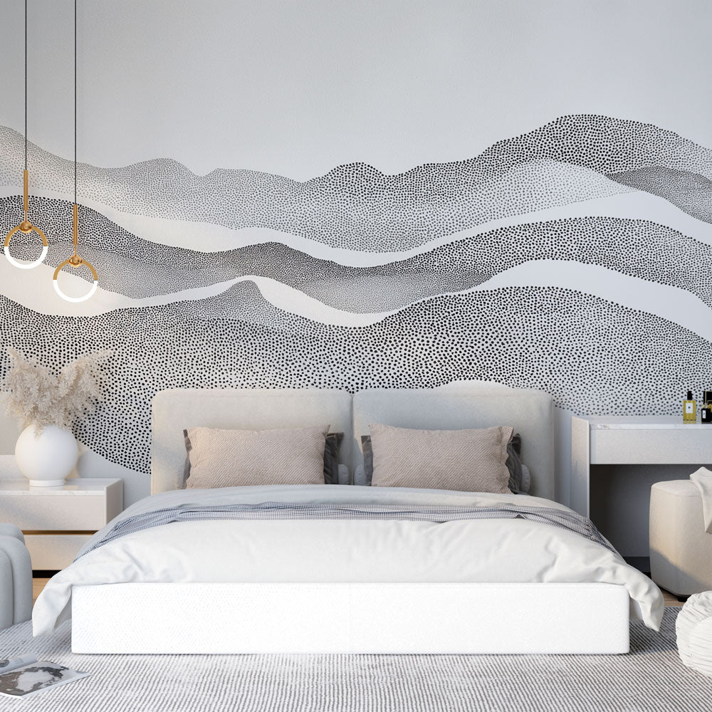 Modern abstract mountain wallpaper with dotted wave pattern shown in a minimalist living room with natural light