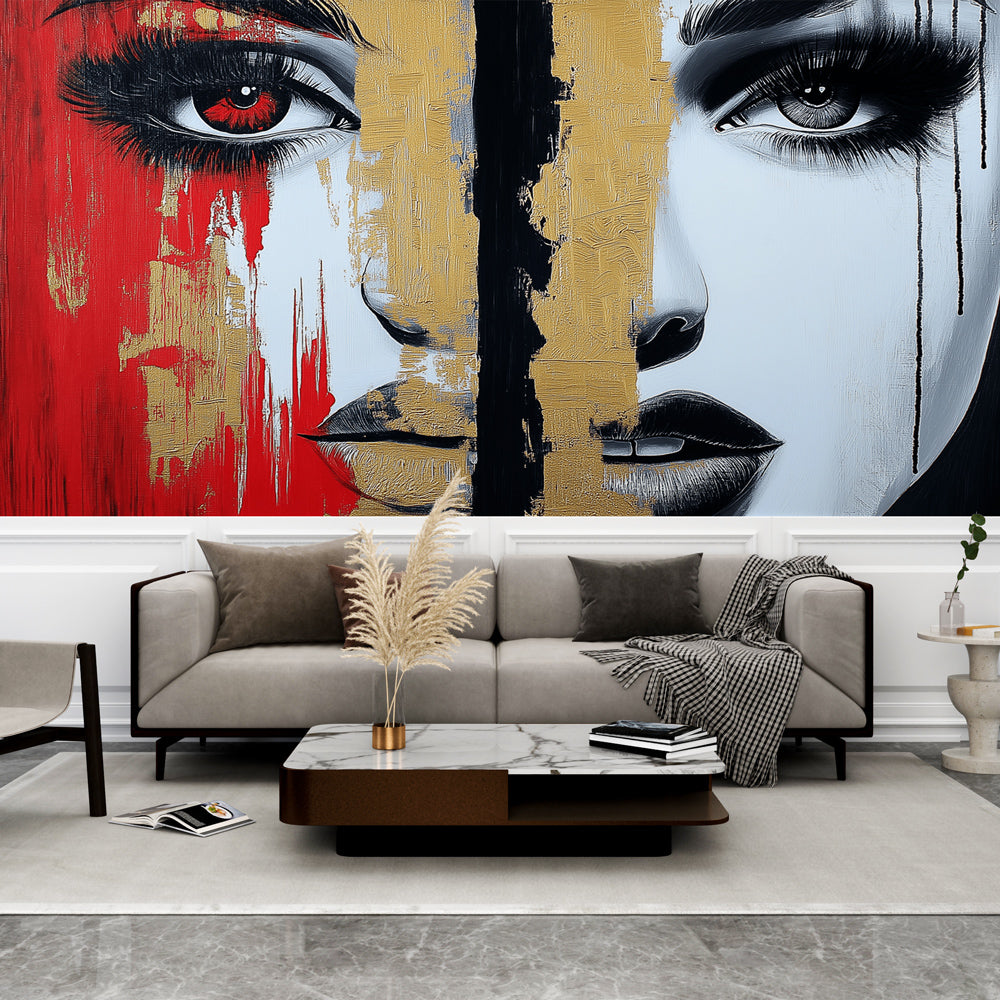 Abstract Face Mural Wallpaper creating a stunning focal point in a modern living room with red and gold accents