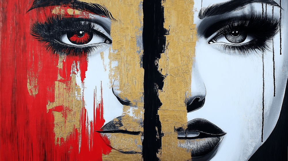 Abstract Face Portrait design file showing detailed red, gold and black artistic pattern