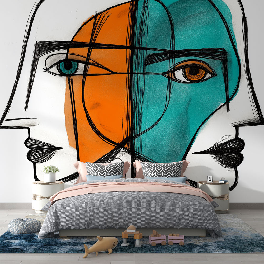 Modern abstract geometric face mural displayed in a minimalist living room, creating a bold artistic focal point