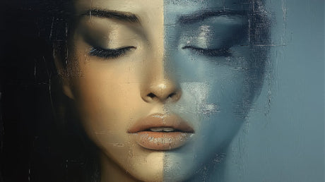 Abstract Portrait Art design file showing dual-tone golden and blue color palette