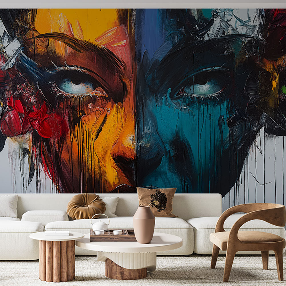 Abstract portrait mural wallpaper creating a stunning focal point in a modern living room with natural lighting