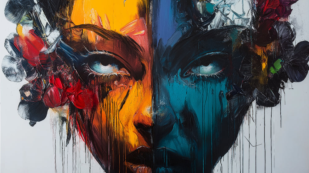 Abstract portrait design file showing dual-tone artistic pattern with warm and cool color blend