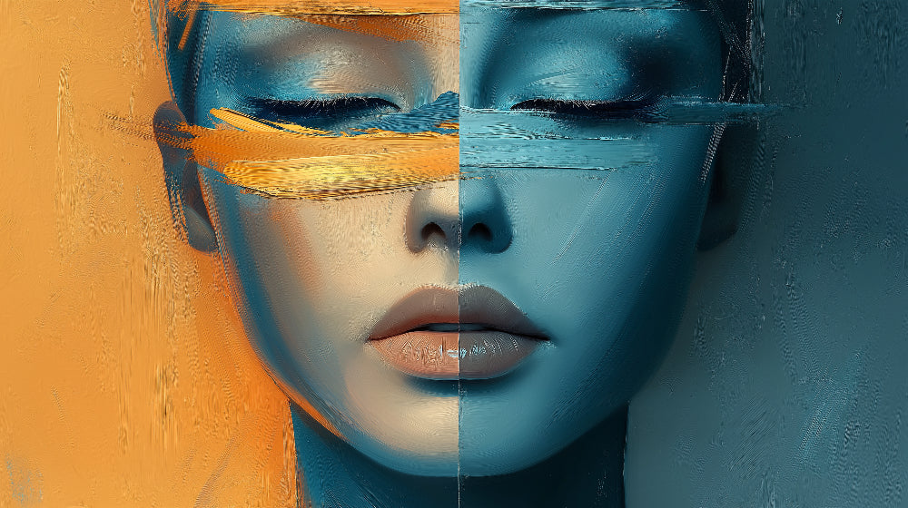 Abstract Portrait Wallpaper creating dramatic impact in modern living room, blue and orange tones transforming the space