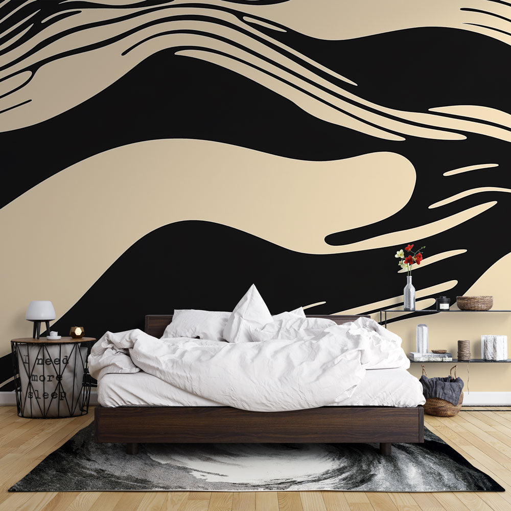 Abstract wave wallpaper in modern living room showing flowing black and beige pattern creating depth and movement