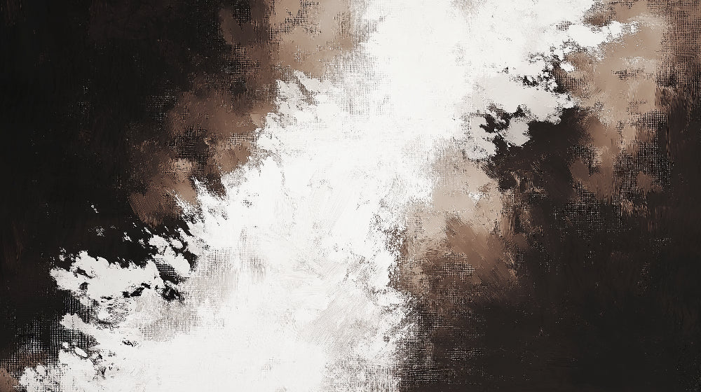 Black and white abstract wall mural creating dramatic impact in modern living room with grey sofa and minimal decor