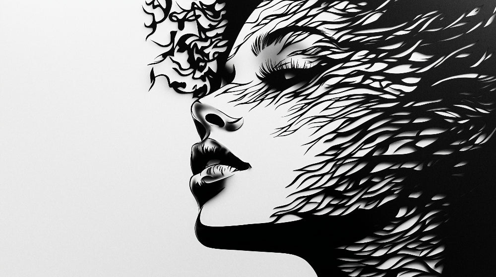 Abstract portrait wallpaper design file showing intricate black and white pattern