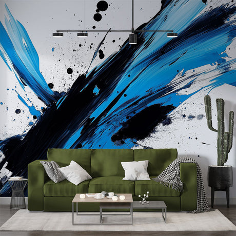 Modern living room featuring bold Abstract Blue Splash Wallpaper, creating dramatic accent wall with contemporary furniture