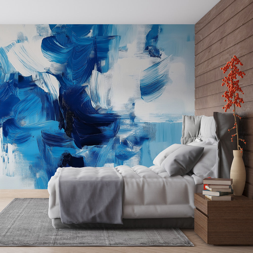 Blue abstract brushstrokes wallpaper creating a stunning focal point in a modern living room with minimal furniture