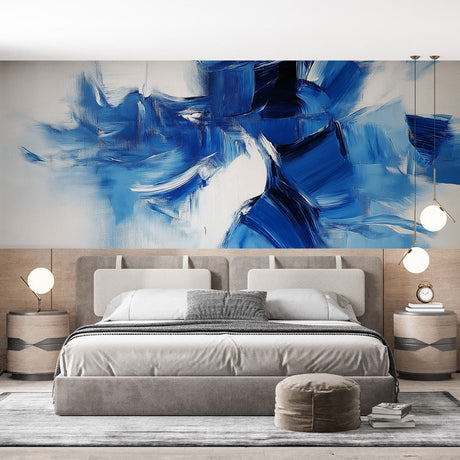Modern blue abstract wallpaper mural showcased in a bright contemporary living room with minimalist furniture