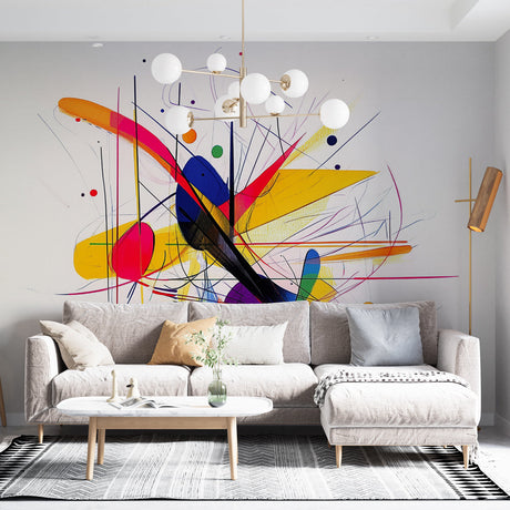 Abstract wall mural in modern living room showing vibrant color explosion against white furniture and clean lines