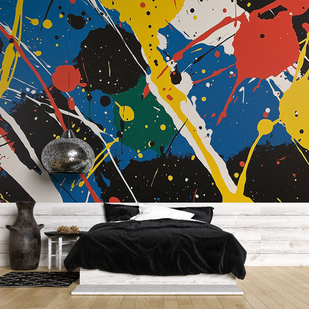 Abstract color splash wallpaper mural bringing life to a modern living room with white furniture and natural light