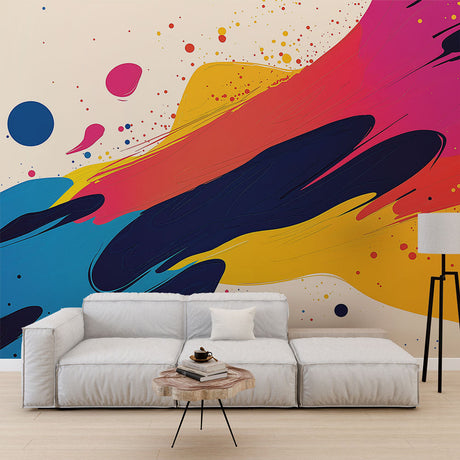 Abstract color splash wallpaper mural creating a stunning focal point in a modern minimalist living room with white furniture