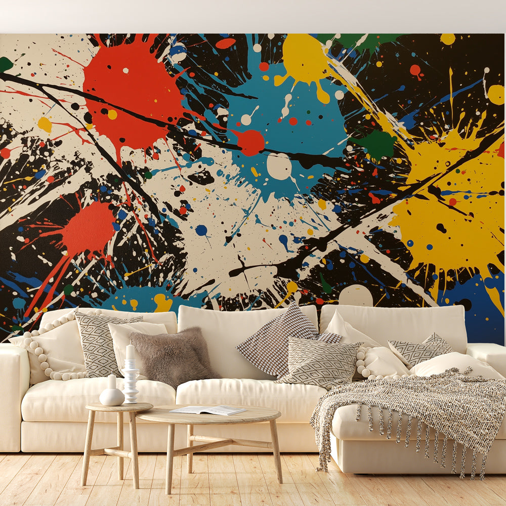 Abstract paint splash mural wallpaper bringing vibrant energy to a modern minimalist living room with white furniture