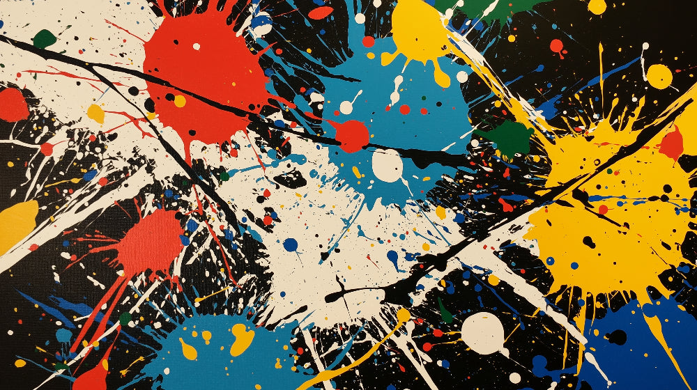 Dynamic color splash abstract wallpaper design file showing vibrant paint bursts on black background